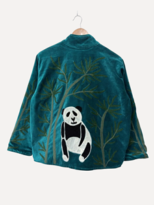 Manteau en velours bleu sarcelle brodé panda, col mandarin, manches longues, grande taille, décontracté pour femme, style chinois, pour l'automne - Product Image 2