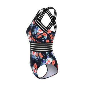 Maillot de bain une pièce floral pour femmes, bretelles croisées, taille rayée, maillot de bain OEM - Product Image 2