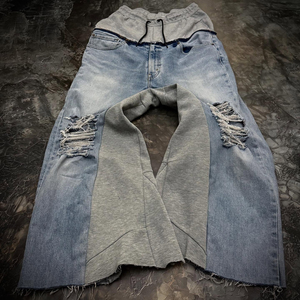 Customize Panel Design <b>Flared</b> Pants 100% Cotton Breathable <b>Men's</b> <b>Jeans</b> 2025 High Quality Distressed Denim Pants - Product Image 4