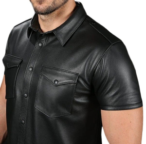 Chemise à col campiste en similicuir surdimensionnée pour homme, manches courtes, boutonnée, avec poches cargo, t-shirts pour homme - Product Image 2