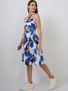 เดรสยาวปานกลางพิมพ์ลายดอกไม้ทำมือ คอวี สำหรับผู้หญิง งานเลี้ยงอย่างเป็นทางการ ชายระบายพิมพ์ลายดอกไม้ คอแบบผูกเชือก ผ้าเครป ทรงเข้ารูปและบานออก - Product Image 2