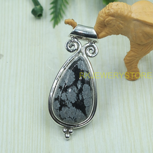 จี้หินออบซิเดียนลายเกล็ดหิมะธรรมชาติทรงหยดน้ำ เงินแท้ 925 ทำมือ จี้พลอย จี้หินออบซิเดียนลายเกล็ดหิมะสีดำ เครื่องประดับสำหรับผู้หญิง - Product Image 2