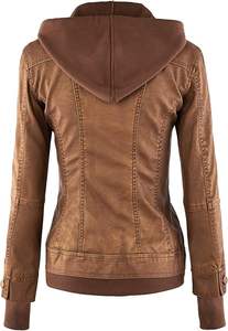 Chaqueta de cuero PU vintage para mujer, estilo casual con capucha, corte ajustado, efecto deslavado, para otoño e invierno - Product Image 4