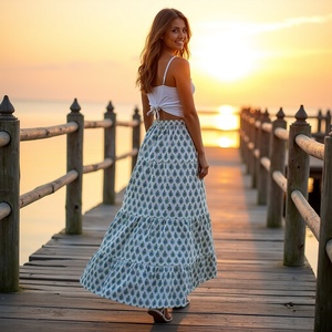 Falda de tela transpirable de algodón puro hecha a mano, estampado de bloque blanco y azul, diseño bohemio gitano, ropa informal para todo el día para mujer, llamativo - Product Image 3