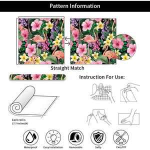 Papel Tapiz Autoadhesivo Decorativo para Pared con Diseño de Plantas Tropicales Negras, Hojas Verdes, Flores Rosas y Flamencos - Product Image 3