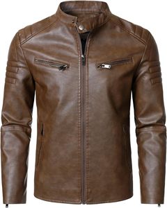 Men Brown Genuine Leather Slim Moto Biker Jacket Stand Collar Zipper Front Solid Color Regular Sleeve Autumn Style Finished - Product Image 1