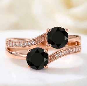 Anillo de Plata de Ley 925 al por Mayor, Chapado en Oro Rosa, con Ónix Negro, Anillo de Dos Piedras, Corte Redondo, Anillo de Promesa con Gema Negra - Product Image 1