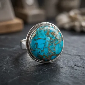 Anillo de Plata de Ley 925 con Turquesa Azul Cobre, Gema Natural Hecha a Mano, Joyería Boho, Moda Femenina, Venta al por Mayor - Product Image 5