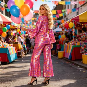 Ensemble haut à manches cloche imprimé métallisé très tendance avec pantalon évasé assorti pour soirée et club, faible MOQ - Product Image 5