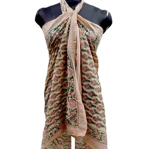 Women’s Cotton Blue Floral Block Print Sarong <b>Beach</b> <b>Wrap</b> Lightweight Pareo Swim Cover Up Shawl - Product Image 1