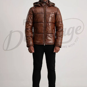 Chaqueta Premium para Hombre, Estilo Vintage, de Cuero Sintético Marrón Desgastado, Acolchada, con Capucha, para Invierno - Product Image 3