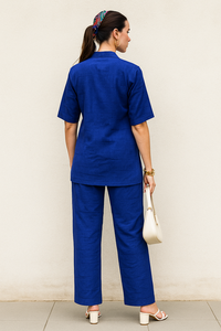 ชุดเซ็ตสองชิ้นสีน้ำเงินสไตล์ลำลองกึ่งทางการ ผ้าโพลีเอสเตอร์ รีไซเคิล สำหรับผู้หญิง เสื้อและกางเกงขายาวทรงกว้าง ไซส์ M-L-XL-XXL - Product Image 6