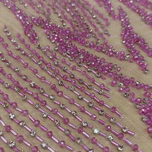 Tela de Encaje Bordada a Mano con Cuentas, Lentejuelas Doradas y Cristales Azules, Diseño Floral para Vestidos de Alta Costura y Novias - Product Image 1