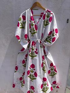 Women's Floral Print 100% Cotton Maxi <b>Kaftan</b> Dress V Neck Batwing Sleeve Drawstring <b>Beach</b> Cover Resort Wear Boho Summer - Product Image 1