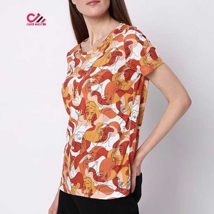 T-shirt imprimé à manches courtes pour femme CARE MASTER, col rond, haut décontracté, impression numérique, polyester tricoté, vêtements printemps-été - Product Image 1