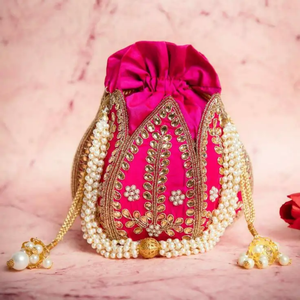 Traditional Mirror <b>Work</b> Embroidery Potli Bag With Pearl Beads Bridal Wedding Fashion Drawstring <b>Pouch</b> For Women - Product Image 2