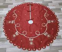 Jupe de sapin de Noël en velours rouge perlé motif rennes, taille personnalisée, bordure dorée, sequins faits main, décoration de Noël de haute qualité