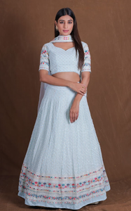 <b>Light</b> <b>Blue</b> Embroidered <b>Lehenga</b> Set Women Ethnic Dress Crop Top and Floor Length Skirt With Dupatta for Wedding Party - Product Image 3