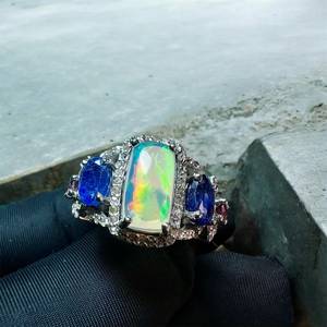 Natural Ethiopian <b>Opal</b>, <b>Blue</b> Sapphire And Pink Tourmaline Gemstone With Single Cut Diamond 925 Sterling Silver <b>Ring</b> - Product Image 5