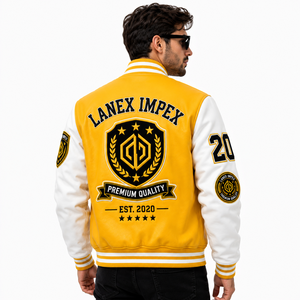 Wholesale Custom College Varsity <b>Jacket</b> with Premium PU Leather Sleeves Embroidered Chenille <b>Letter</b> Patches Baseball <b>Men</b> <b>Jacket</b> - Product Image 4