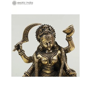 7-inch handmade Brass điêu khắc của nữ thần kali với bốn cánh tay cho nhà, đền thờ và gifting mục đích bức tượng Sản xuất tại Ấn Độ - Product Image 4