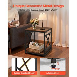 Tavolino Quadrato a 2 Livelli con Ripiani Aperti, Comodino Moderno, Scrivania da Comodino con Struttura in Metallo a X e Piano in Legno - Product Image 6
