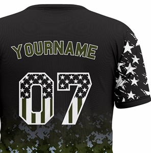 Camiseta Personalizada con Cuello Redondo, Diseño de Bandera Estadounidense en Negro y Verde Camuflaje con Degradado, Estrellas y Rayas Digitales Sublimadas, Dos Tonos, 100% - Product Image 5