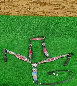 Horse breast collar western <b>leather</b> tack chest <b>harness</b> geometric bead concho stud adjustable strap riding halter gear set - Product Image 1