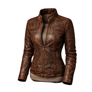 Women’s Brown Genuine Leather <b>Biker</b> <b>Jacket</b> Stand Collar Classic Moto Style Outerwear Women’s Genuine Leather <b>Jacket</b> - Product Image 3