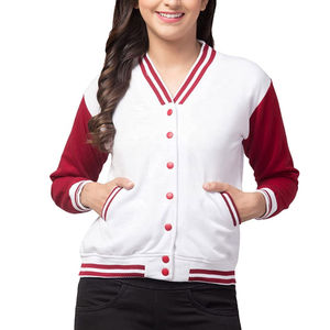 Chaqueta Varsity Blanca y Borgoña para Mujer, Manga Larga, Cierre de Botones, Color Sólido, Largo Regular, para Otoño - Product Image 1
