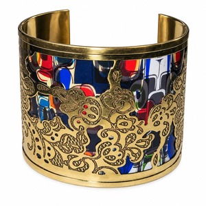 Women Gold Plated Ethnic Flower Pattern Acrylic Bangle Bracelet <b>Vintage</b> Bohemian Brass Cuff Stackable Wide Multicolor Jewelry - Product Image 1