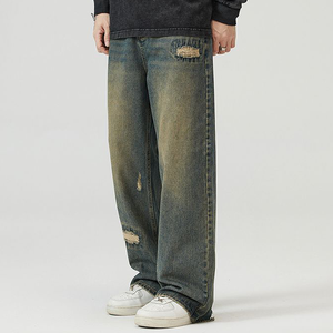 Jeans baggy droits personnalisés pour hommes, style streetwear, en denim de coton délavé foncé, effet usé, vintage et tendance - Product Image 4