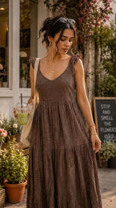 V-Neck <b>Sleeveless</b> Maxi <b>Dress</b> In Brown Solid Color A-Line Loose Fit Casual <b>Summer</b> Woven Linen Cotton Tiered Hem Women <b>Dress</b> - Product Image 3