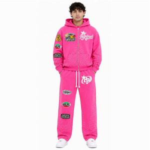 Ensemble de survêtement en strass pour homme, sweat à capuche zippé orné de cristaux et pantalon de jogging large, style streetwear - Product Image 2