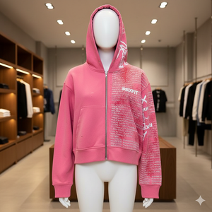 Custom Women's Cropped <b>Zip</b> Up Hoodie Pink Fleece Sweatshirt Oversized Graphic Print Cotton Full <b>Zip</b> <b>Hooded</b> Jacket - Product Image 3