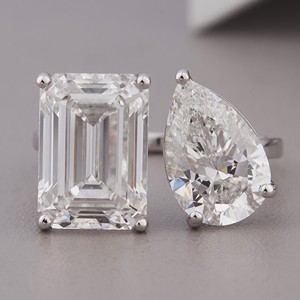 Vintage IGI Certified Emerald Cut and Pear Cut Lab Grown Diamond Toi Et Moi Engagement <b>Ring</b> 9K Gold Wedding Gift - Product Image 1