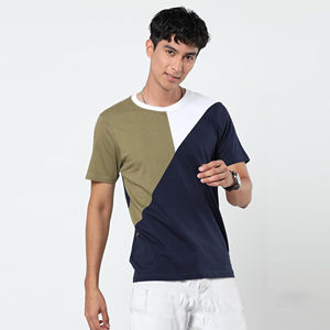 T-shirt décontracté à col rond pour homme, manches courtes, color block olive, bleu marine et blanc, en coton, personnalisable avec logo OEM ODM - Product Image 3