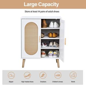 Moderno Armadio Verticale per Scarpe a 2 Ante in Truciolato e Rattan Sintetico, Struttura Bianca, Superficie in Rattan Naturale, Piedini Alti Dorati - Product Image 4