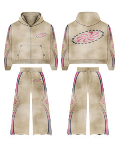 Ensembles de survêtements évasés délavés à l'acide, zippés, 500 GSM, coupe droite, effet usé, comprenant un sweat à capuche et un pantalon de jogging - Product Image 1