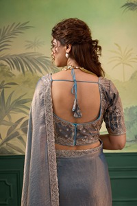 Elegant Blue Silk Saree With Embroidery And Gold Borders Paired With Fully Stitched <b>Blouse</b> Women Traditional Wedding Wear - Product Image 4