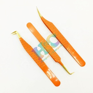 Nouvelles pinces à pointe dorée pour extensions de cils, volume, cils en vison, pinces orange durables, en acier inoxydable, avec logo, offres spéciales - Product Image 1
