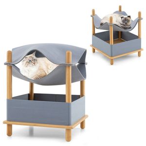 Cuccia per Gatti a 2 Piani in Legno Massello con Amaca di Lusso, Classica Casetta Rettangolare per Animali Domestici di Taglia Media, Cuccia da Esterno per Gatti - Product Image 1