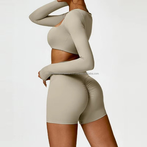 Pink <b>Seamless</b> 2 Piece Yoga Set Square Neck Long Sleeve Crop Top High Waist Full Length <b>Leggings</b> Women's Workout Wear - Product Image 5