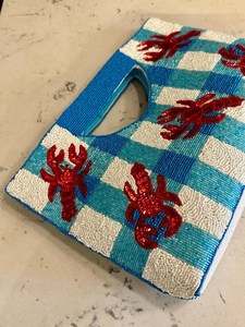 Bolso Rectangular Lavable de Algodón con Cuentas de Vidrio Bordadas a Mano, Diseño a Cuadros Azul y Blanco con Patrón de Cangrejo Rojo, ALI FASHION ART - Product Image 3