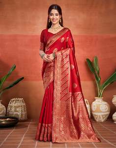 <b>Red</b> Silk <b>Saree</b> With Gold Zari Work Traditional Wedding Wear For Women India Pakistan - Product Image 1