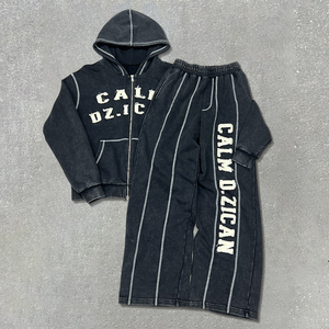 Vintage Flared Sweatpants Streetwear Jogging Distressed Embroidery Acid Wash Zip up Hoodie and Jogger Set Tracksuit Men - Product Image 1