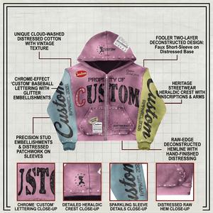 Sudadera con capucha bordada personalizada para hombre, con cremallera rosa grande, patchwork multicolor, capucha con tachuelas, diseño exclusivo desgastado - Product Image 4