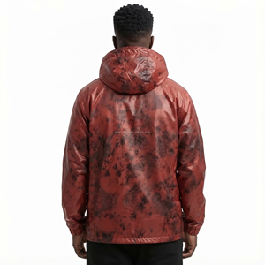 Men's <b>Hooded</b> PU Windbreaker <b>Jacket</b> <b>Red</b> Tie-Dye Print Waterproof Casual Outerwear Winter Wear - Product Image 5