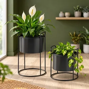 Juego de 2 Macetas de Metal Negro con Soportes Redondos de Alambre, Macetas Cilíndricas Modernas con Asas para Jardín Interior y Exterior - Product Image 4