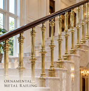 Barandilla de Escalera Metálica en Tono Dorado Estilo Regency Revival con Balaustres Esculpidos para Villas, Hoteles e Interiores Clásicos - Product Image 1